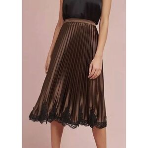 ANTHROPOLOGIE BLUE TASSEL BROWN PLEATED LACED-HEM SKIRT sz M